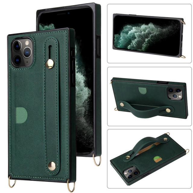 iPhone 14 Case Wallet Card Holder PU Leather Lanyard Crossbody Strap Kickstand Square Protective Cover for iPhone 13