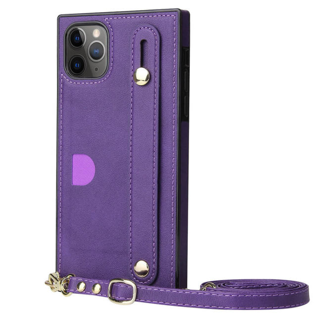 iPhone 14 Case Wallet Card Holder PU Leather Lanyard Crossbody Strap Kickstand Square Protective Cover for iPhone 13