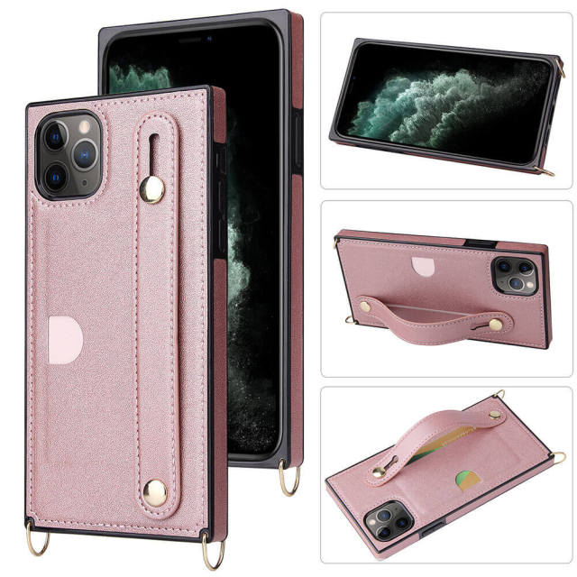 iPhone 14 Case Wallet Card Holder PU Leather Lanyard Crossbody Strap Kickstand Square Protective Cover for iPhone 13