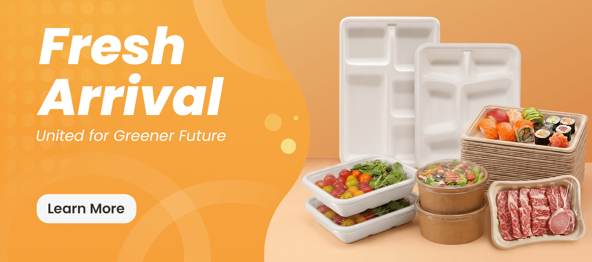 There is a bagasse carrier with two bagasse coffee cups, bagasse trays full of sushi and cardboard plates with nuts.