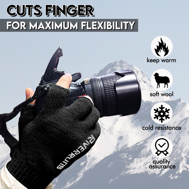 Riverruns 3-Cut Fingers Fishing Gloves Winter Warm Knitted Gloves for Men and Women  for Fly Fishing, Ice Fishing,Boating, Kayaking and Hunting