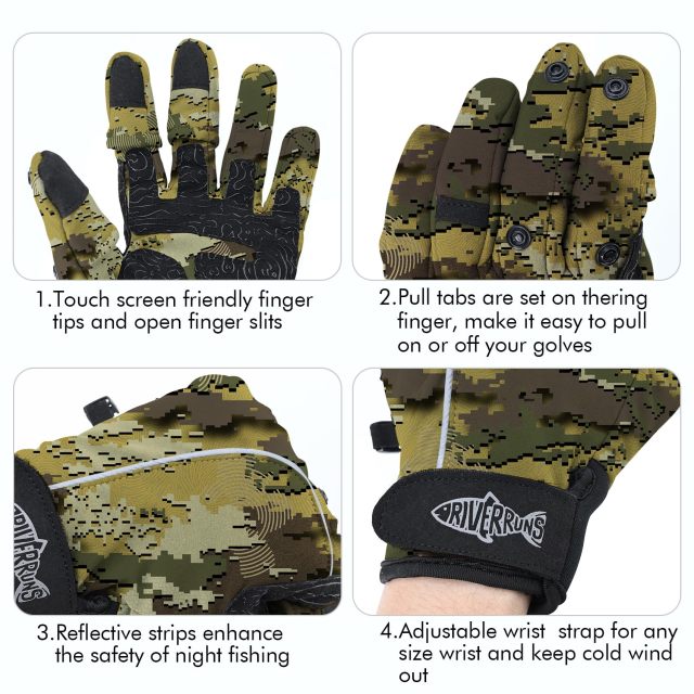 Riverruns Flexible Fishing Gloves Fleece Lining Windproof Ice Fishing Gloves Water-Repellent Touchscreen 3 Cut Fingers