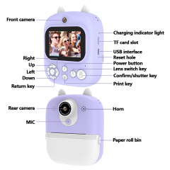 Front and real dual camera 12mp lens kid camera games toys P2 selfie camera instant ink-free print with 2.4 inch LCD for kids