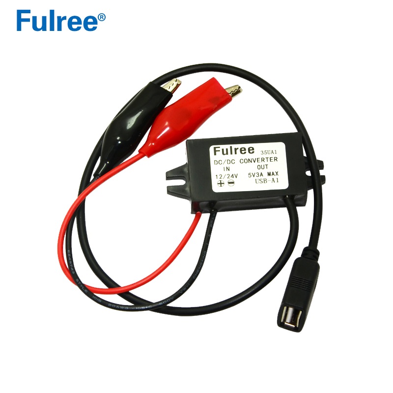 Fulree INput DC 12V24V (8V-35V) to Output DC 5V 3A Car Charger Crocodile Alligator Clips to USB Cable for iphone/Samsung DC-DC Step Down Buck Converter