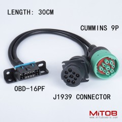 30 cm OBD 16PIN female to J1939 9PIN female and J1939 9pin male cable for cummins