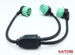 Right Angle Overmolded J1939 Male to 2 Female J1939 Green Type 2 Splitter Y Cable