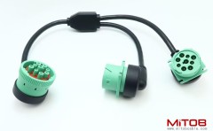 Right Angle Overmolded J1939 Male to 2 Female J1939 Green Type 2 Splitter Y Cable