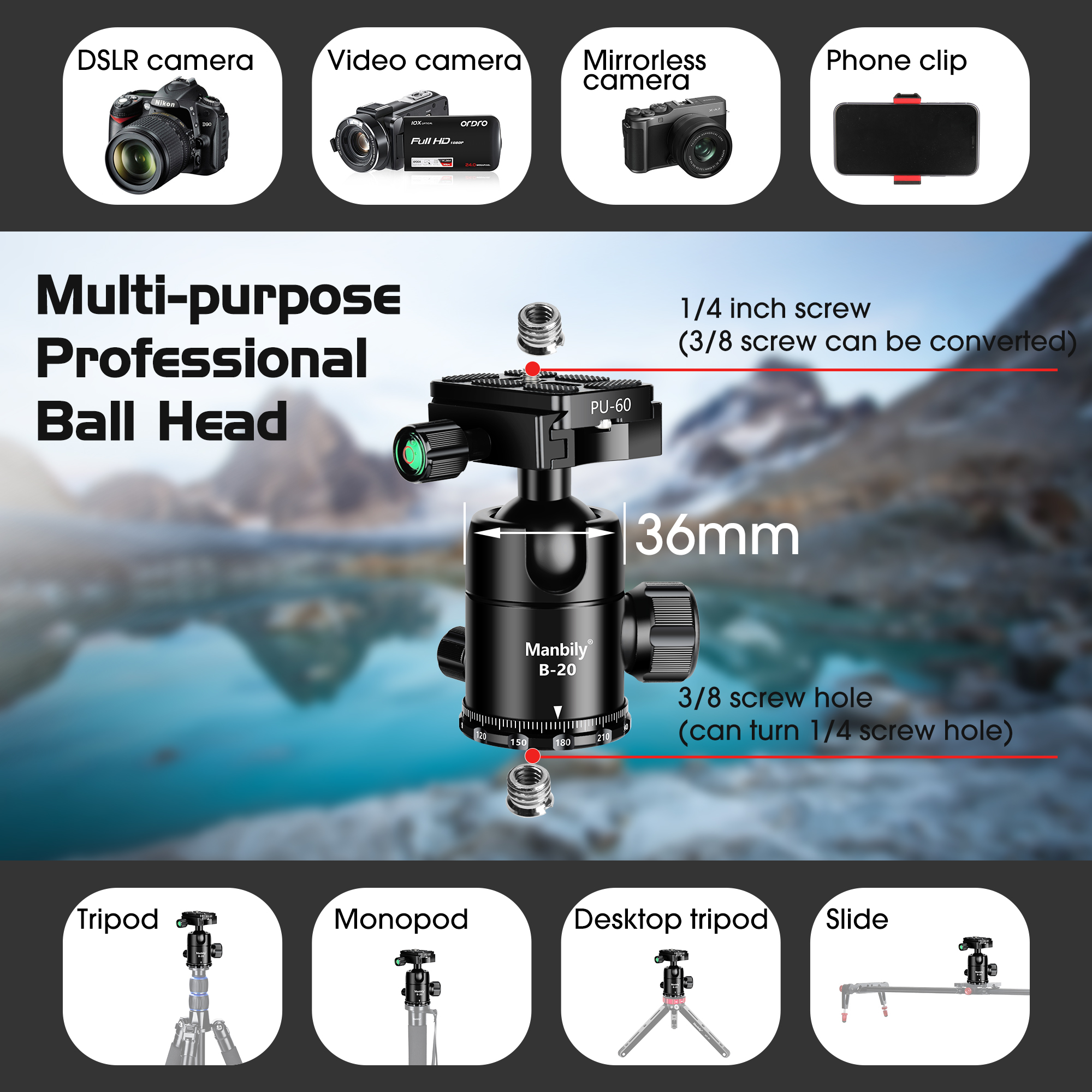 Manbily B-20 Tripod Ball Head Mount 360 Degree Swivel Camera Ball Head