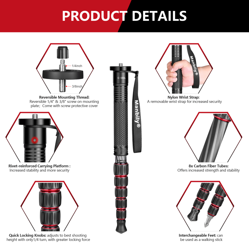 Manbily Camera Monopod Carbon Fiber Portable Compact Lightweight Travel Monopod with Carrying Bag Walking Stick Handle,for DSLR Canon Nikon Sony Video Camcorder,6 Sections up to 6