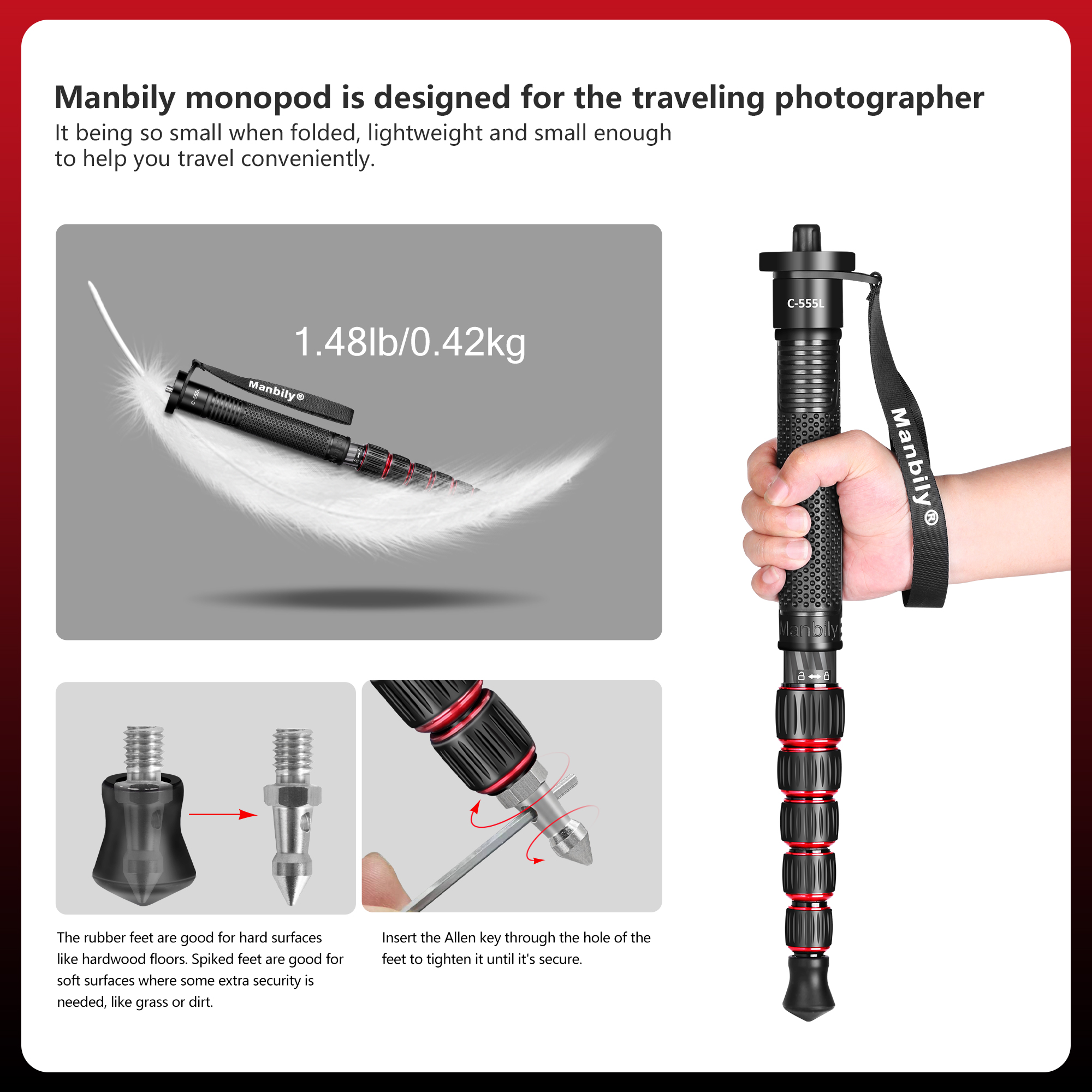 Manbily Camera Monopod Carbon Fiber Portable Compact Lightweight Travel Monopod with Carrying Bag Walking Stick Handle,for DSLR Canon Nikon Sony Video Camcorder,6 Sections up to 6