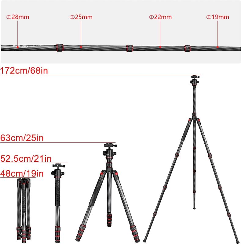 Carbon Fiber Tripod, Manbily 68 Inches Camera Tripod Stand with 360 Degree Ball Head,Heavy Duty Tripod with Quick Release Plate and Bag Compatible with Canon Nikon Sony Camcorder Phone