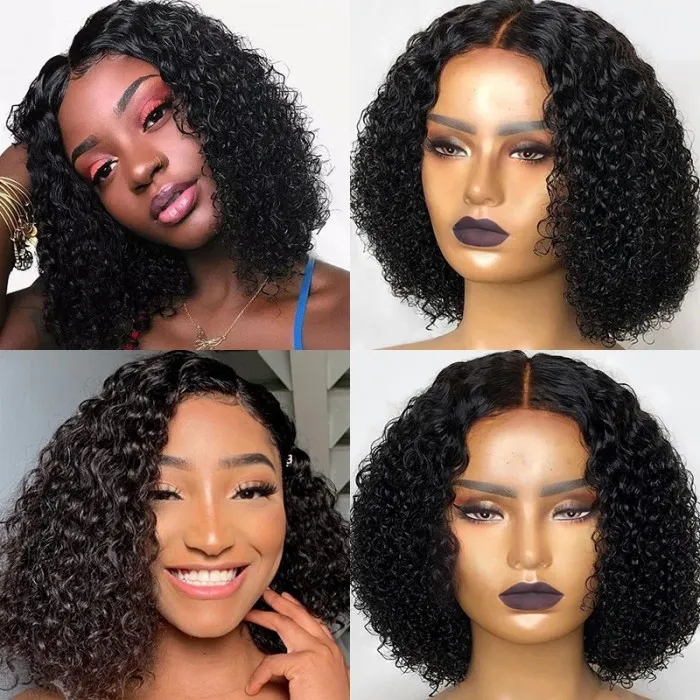 Short Curly Bob Full Lace Human Hair Wig Natural Black Color