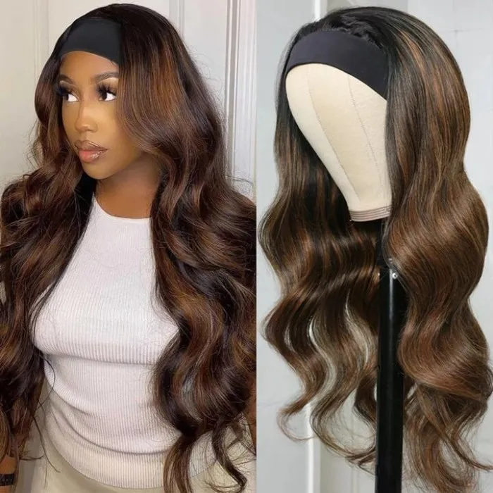 Highlight Body Wave Headband Wigs With Scarf Attached High Quality No Glue No Sew In