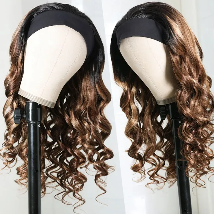 Blonde Highlight Human Hair Headband Wigs 150% Density Body Wave Hair Wigs Wear And Go