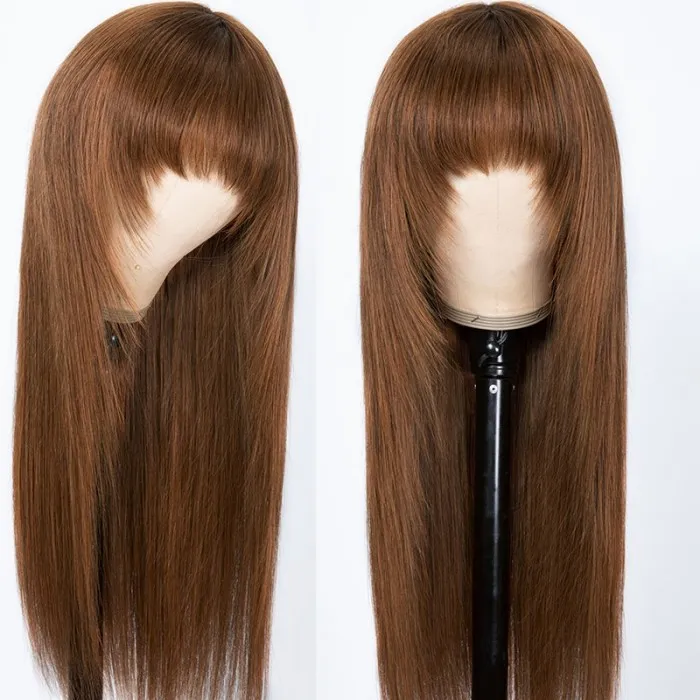 Glueless Dark Brown Hair Color Layer Cut Bang Wig Install in 5 Mins