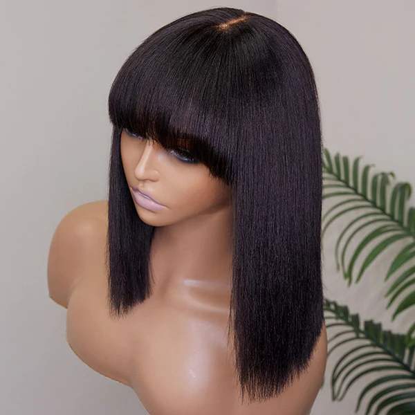 4*4 Realistic Yaki Straight Bob With Bangs Minimalist Undetectable Closure Lace Wig