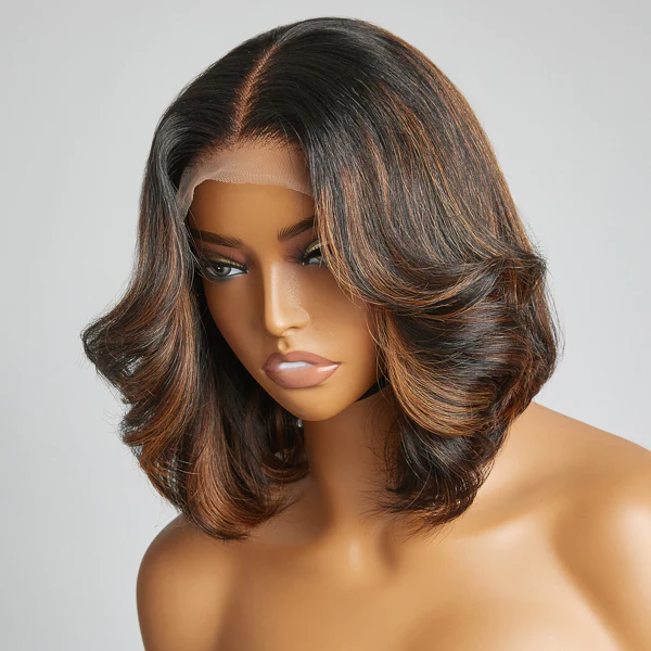 Brown Highlights Shoulder Length 4x4 Closure Lace Glueless Wig