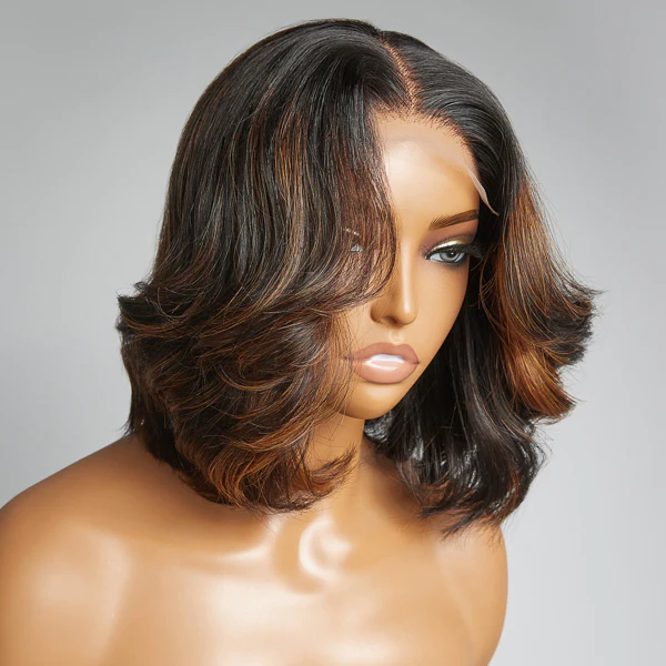 Brown Highlights Shoulder Length 4x4 Closure Lace Glueless Wig