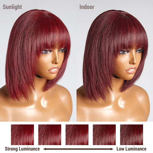 Reddish Purple Layered Cut Yaki Straight Minimalist Lace Bob Wig With Bangs