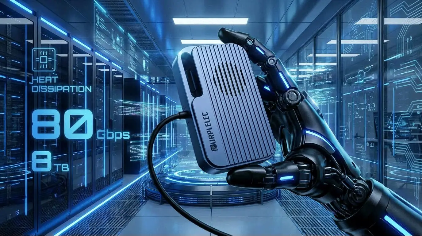 The robotic hand has been holding PURPLELEC's TX001M1 Thunderbolt 5 SSD Enclosure all along.
