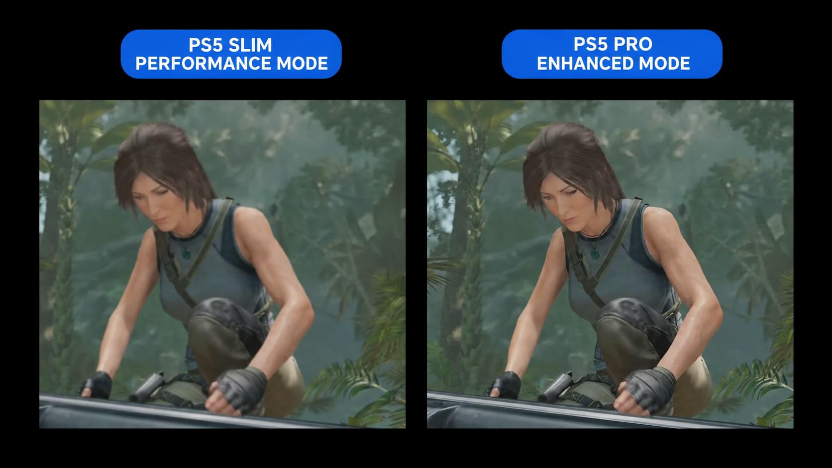 Illustration comparing image quality in the same character scene on PS5 Slim Performance Mode and PS5 Pro Enhanced Mode