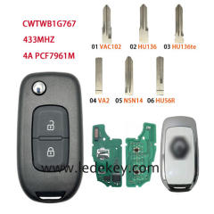 For Re-nault 2 Buttons Flip Remote key with 433Mhz 4A Chip FCCID:CWTWB1G767 (Please choose the key blade model)
