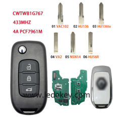 For Re-nault 3 Buttons Flip Remote key with 433Mhz 4A Chip FCCID:CWTWB1G767 (Please choose the key blade model)