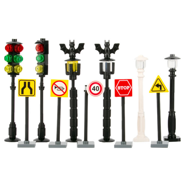 MOC City Road Minifigures Traffic Sign Building Blocks Carriageway Narrows Indicator Lights Street Figures Parts Brick Model Toys