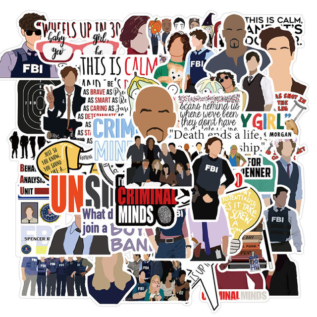 50PCS Criminal Minds Character Stickers American TV PVC Waterproof For Laptop Bicycle Car Skateboard Phone Luggage Guitar Toys