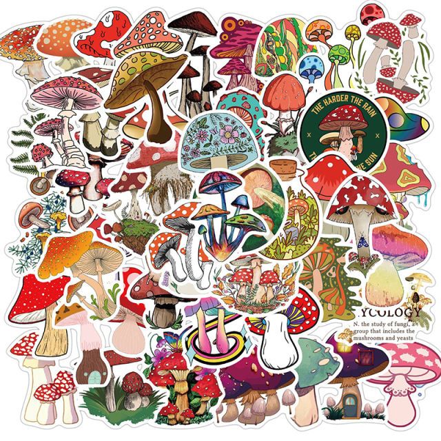 50 PCS Ins Style Mushroom Stickers DIY Color Watercolor Hand Painted Scrapbook Album Notebook Diary Card Decoration Decal Toys