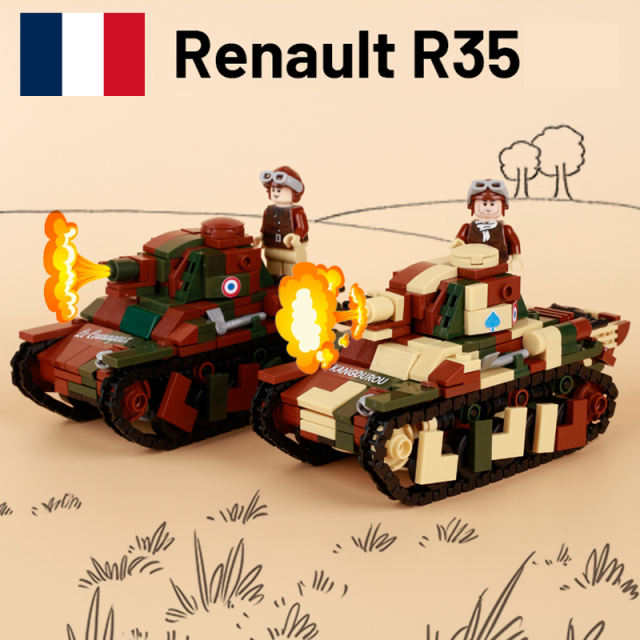 WW2 French Renault R35 Light Infantry Tank Sticker Minifigs Building Blocks Military Army Soldier Weapon War Helmet Model Toys