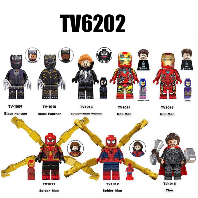 TV6202 Superheroes Series Spider Man Thor Minifigs Building Blocks Black Panther Iron Man Weapon Helmet Accessories Toys Gifts