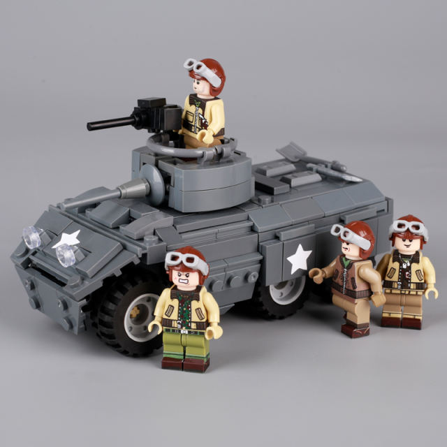 WW2 US Military M8 Light Wheeled Armoured Car Sticker Minifigs Building Blocks Vehicle Army Soldier Helmet Gun Toys Gifts Boys