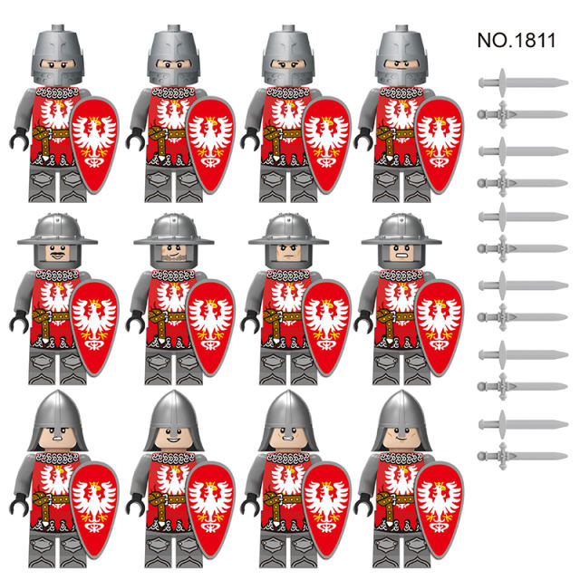 1811 Medieval Series Castle Soldiers Minifigs Building Blocks Ancient Rome Army Knight Helemt Weapon Shield Sword Officer Toys