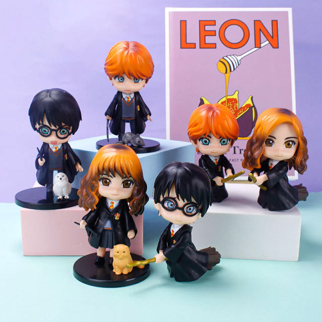 6PCS Harry Potter Hermione Granger Ron Weasley Character Action Figure Animal Accessory Magic Academy Wand Cloak Decorations Toy