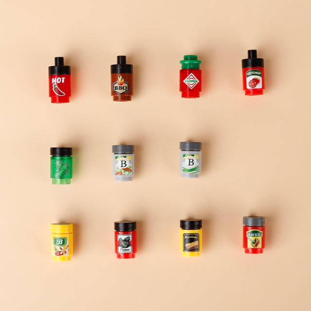 MOC Seasoning Series Printed Building Blocks Hot Sauce Chili Pepper BBQ Ketchup Cheese Cucumber Beaf Bottle Can Accessories Toys