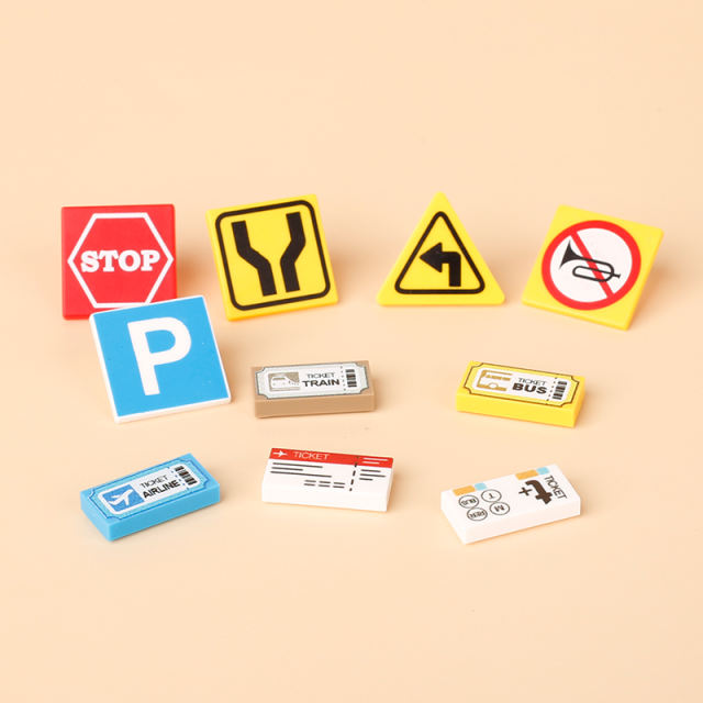 MOC Traffic Sign Printed Building Block City Street Stop No Horn Airline Plane Ticket Train Road Car Parking Lot Accessories Toy