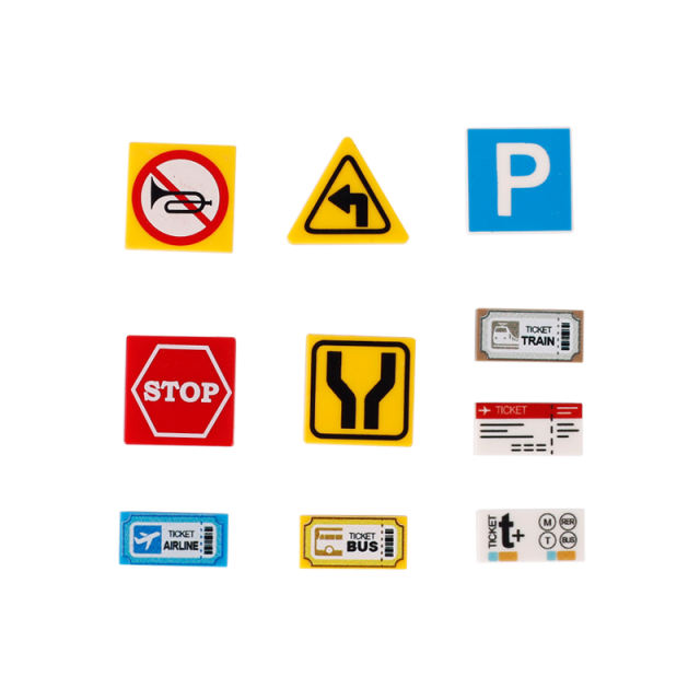 MOC Traffic Sign Printed Building Block City Street Stop No Horn Airline Plane Ticket Train Road Car Parking Lot Accessories Toy
