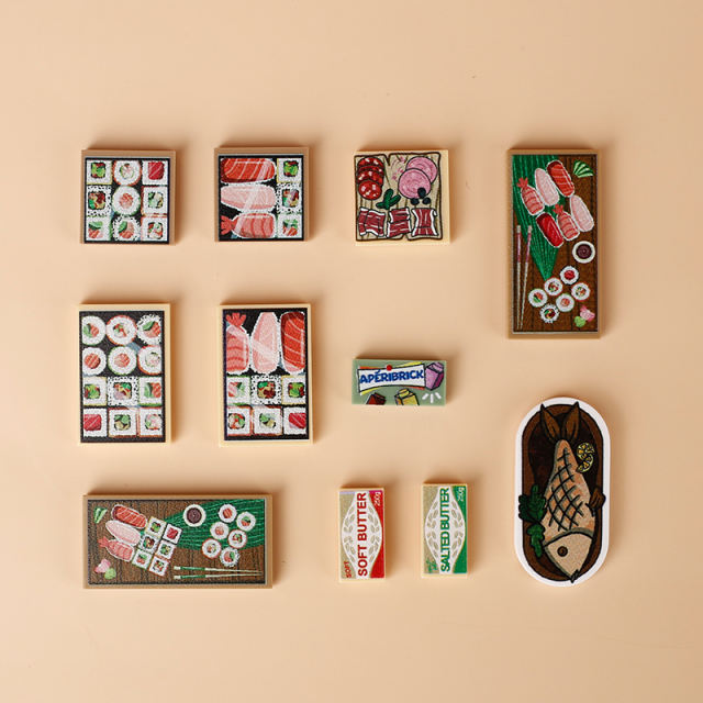 Japanese Food Sushi Maki Series Printed Building Blocks Fish Rice Beaf Vegetable Salmon Chopsticks Model Accessories Toys Gifts