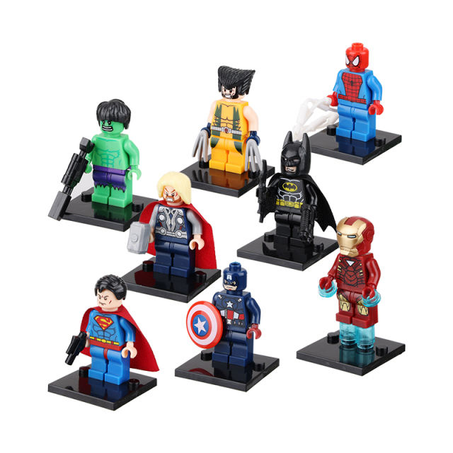 JR833B Superheroes Series Minifigs Builiding Blocks Marvel Spider Man Batman Superman Supergirl Amout Weapon Gun Cloak Toys Gift