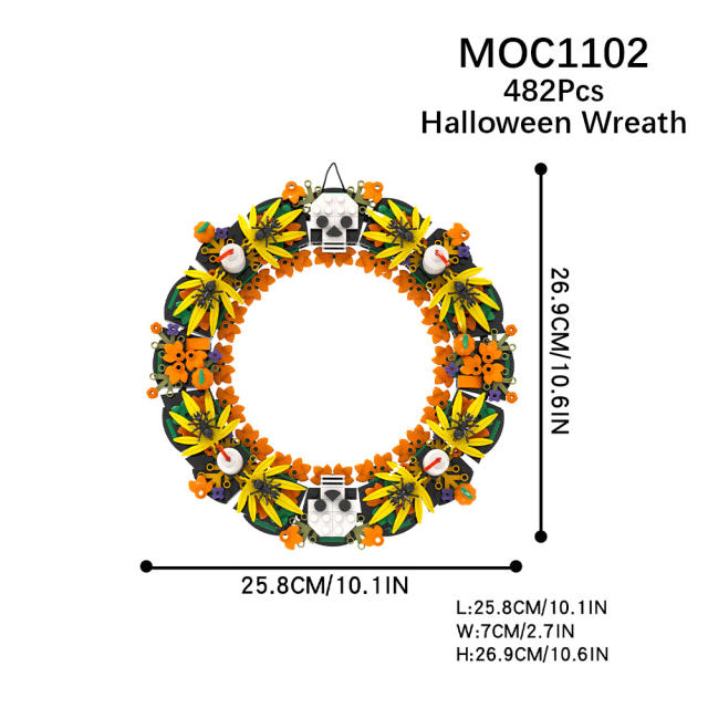 482PCS MOC Halloween Wreath Building Blocks Vampire Model Set Festive Flower Garland Decorative Skull Pumpkin Compatible Toy Boy
