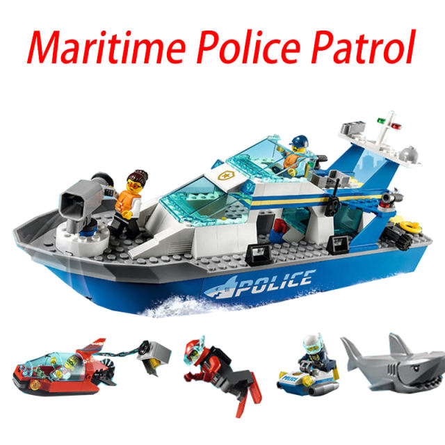 City Series Ocean Adventure Ship Marine Police Patrol Minifigs Building Blocks Shark Submarine Crane Helicopter Toys Boys Gifts
