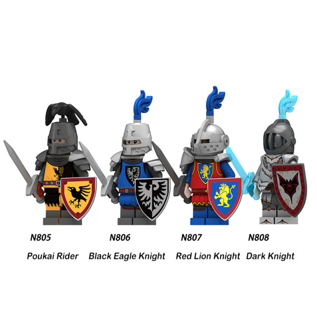 N805-808 Medieval Knights Pouki Rider Army Minifigs Building Blocks Weapon Soldiers Red Lion Shield Model Children Toys Gifts