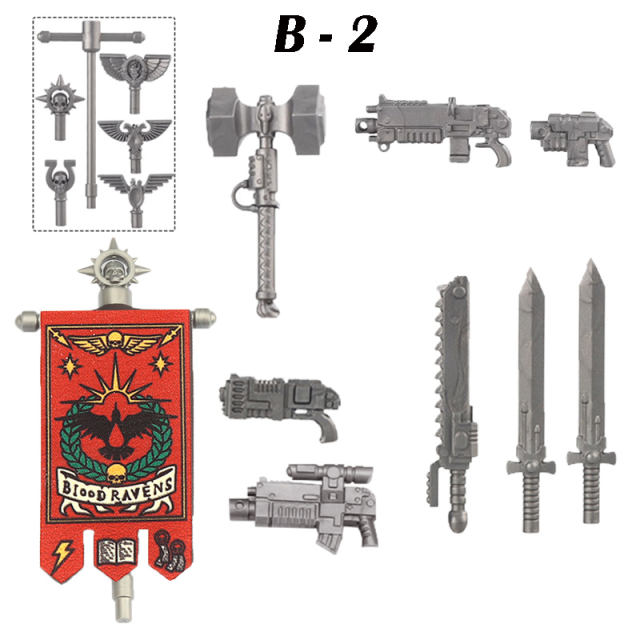 British Game Warhammer Blood Angels Minifigs Warrior Bow Sword Flag Accessories Building Blocks Helmet Children Toys Gift Boy