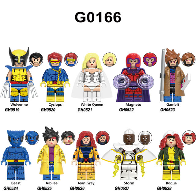G0166 Marvel Superhero Wolverine Cyclops Magneto Gambit Building Blocks Beast Jubilee Phoenix Storm Rogue Model Blocks Kids Gifts
