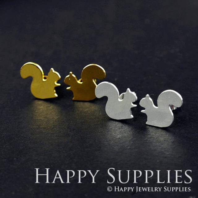 Stud Earrings, Squirrel Brass Earrings, Raw Brass Stud Earrings With Stainless Steel Earring Posts, Earring Stud Findings (ZEN026) 4pcs/Lot
