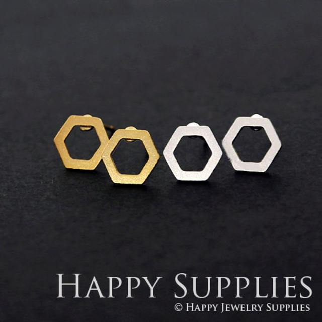 Stud Earrings, Hexagon Brass Earrings, Raw Brass Stud Earrings With Stainless Steel Earring Posts, Earring Stud Findings (ZEN120) 4pcs/Lot