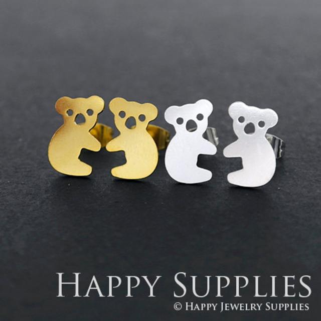 Stud Earrings, Koala Brass Earrings, Raw Brass Stud Earrings With Stainless Steel Earring Posts, Earring Stud Findings (ZEN125) 4pcs/Lot