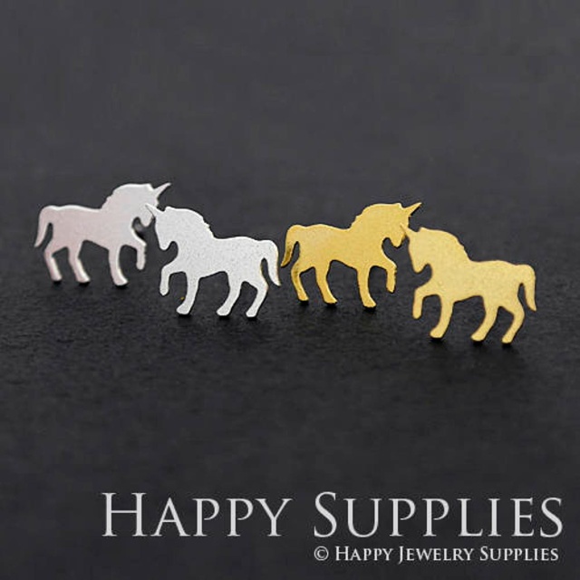 Stud Earrings, Unicorn Brass Earrings, Raw Brass Stud Earrings With Stainless Steel Earring Posts, Earring Stud Findings (ZEN130) 4pcs/Lot
