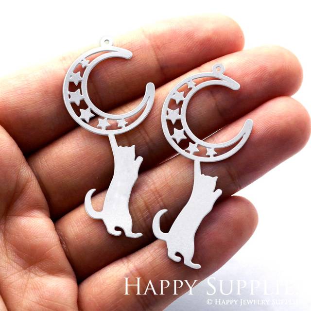 Stainless Steel Jewelry Charms, Moon Cat Stainless Steel Earring Charms, Stainless Steel Silver Jewelry Pendants, Stainless Steel Silver Jewelry Findings, Stainless Steel Pendants Jewelry Wholesale (SSD833)